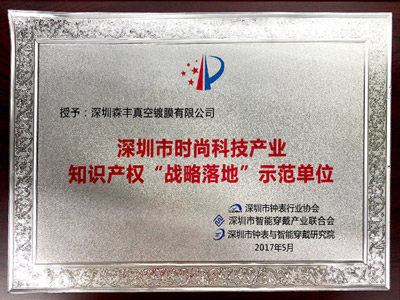 森豐五金真空電鍍廠家榮譽(yù)-時尚科技產(chǎn)業(yè)知識產(chǎn)權(quán)“戰(zhàn)略落地”示范單位